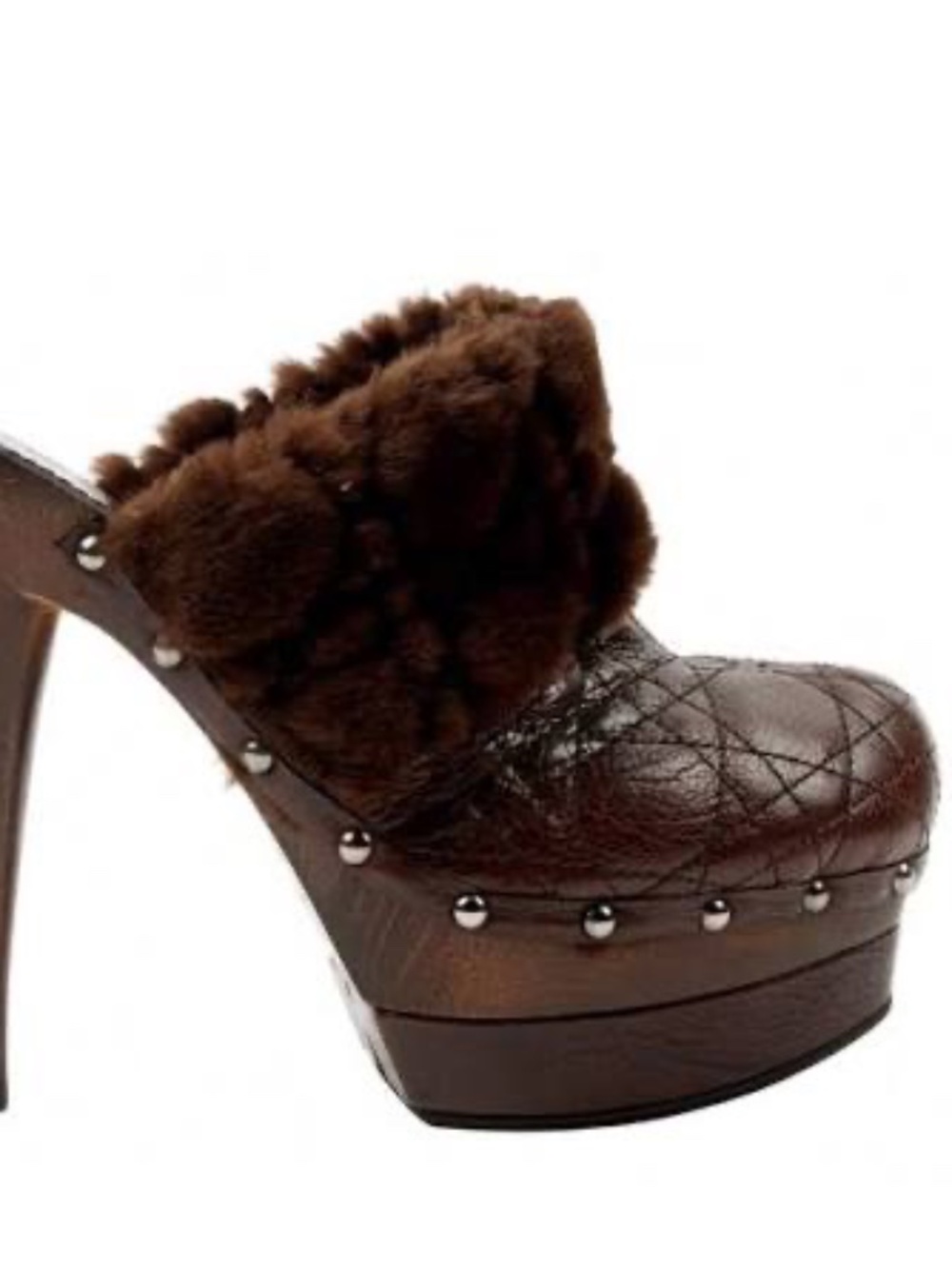 Christian Dior Brown Ice Cannage quilted shearling platform clogs